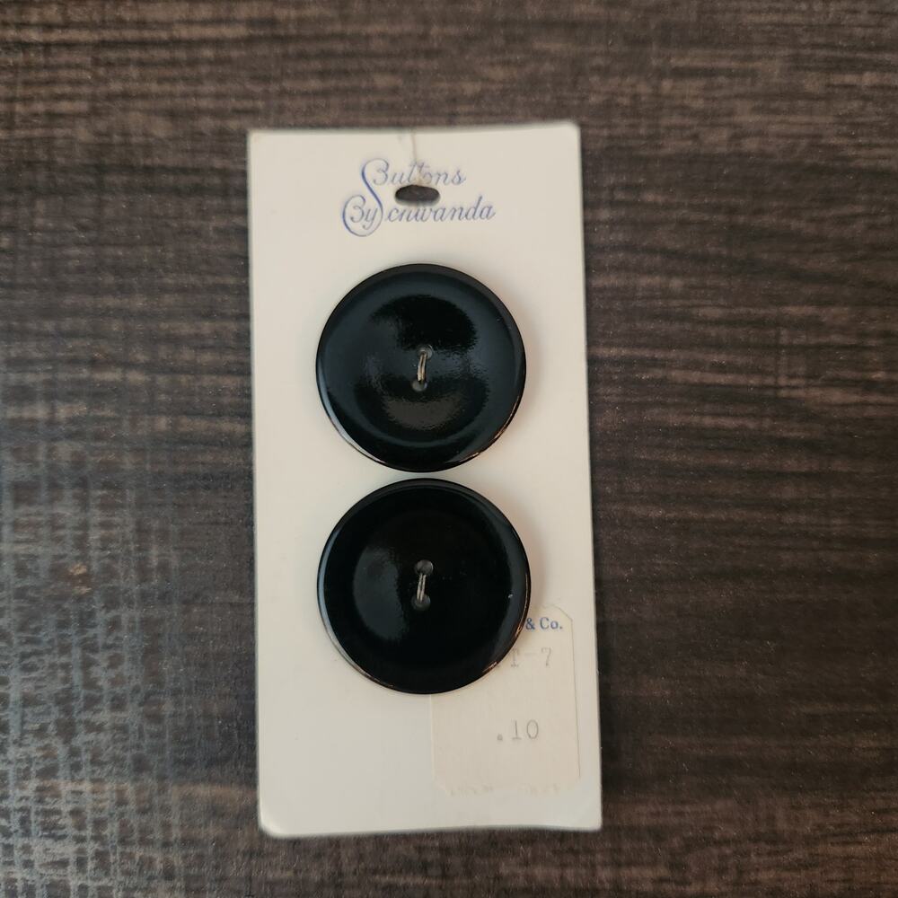 Vintage Buttons By Schwanda Large Black Round Sewing 2 Count New On Card 10c Vtg